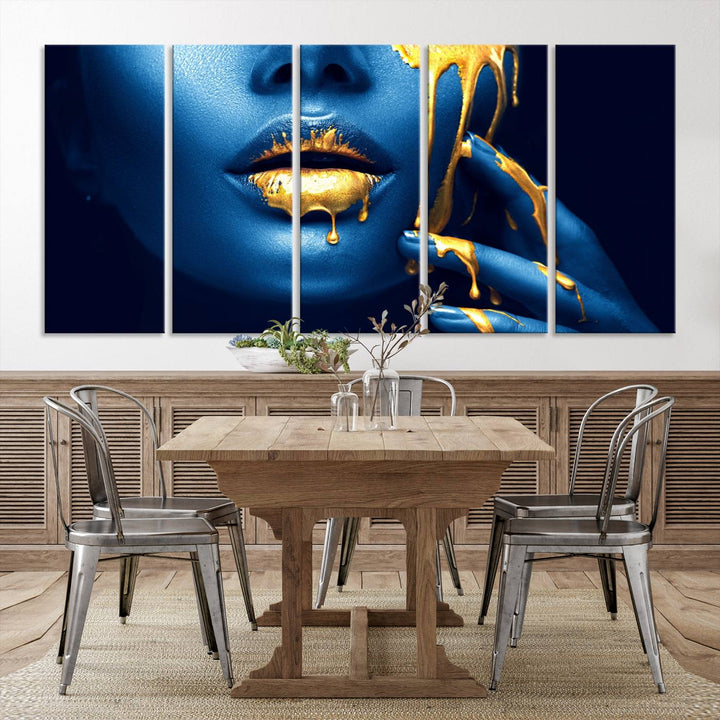 Neón Azul Oro Labios Sensual Fotografía Lienzo Pared Arte Impresión Moda Arte Belleza