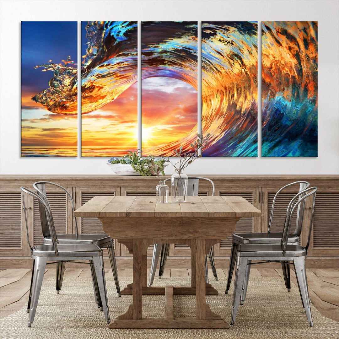 Wave Canvas Wall Art – Multi-Panel Sunset Ocean Scene – Bold and Vibrant Decor for Living Room or Office – Ready to Hang