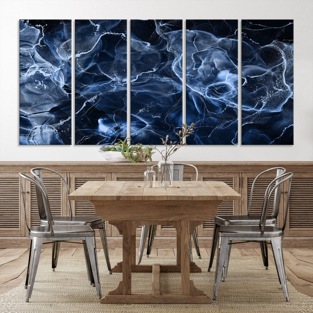 Arte de pared grande con efecto ahumado de mármol azul, lienzo abstracto moderno, impresión artística de pared