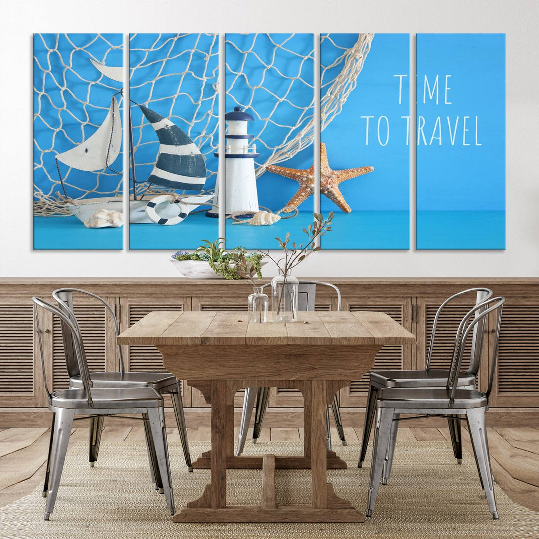 Sailing Boat Starfish and Lighthouse Wall Art Canvas Print