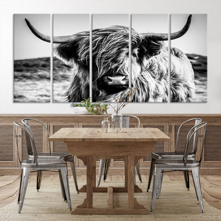 Scottish Cow Black and White Wall Canvas Art Print Farm House