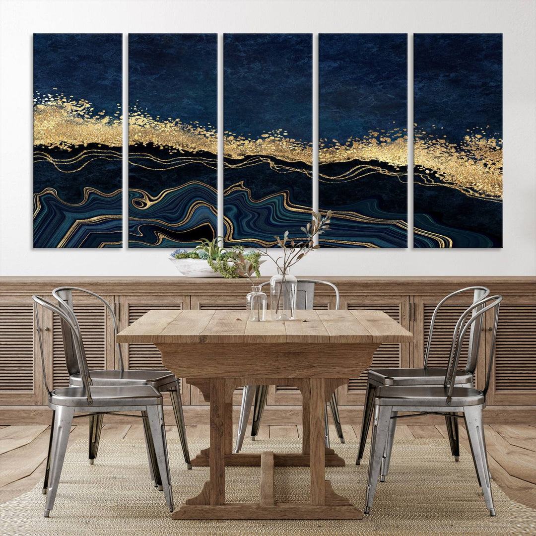 Navy Blue Marble Fluid Effect Large Wall Art Modern Abstract Canvas Wall Art Print