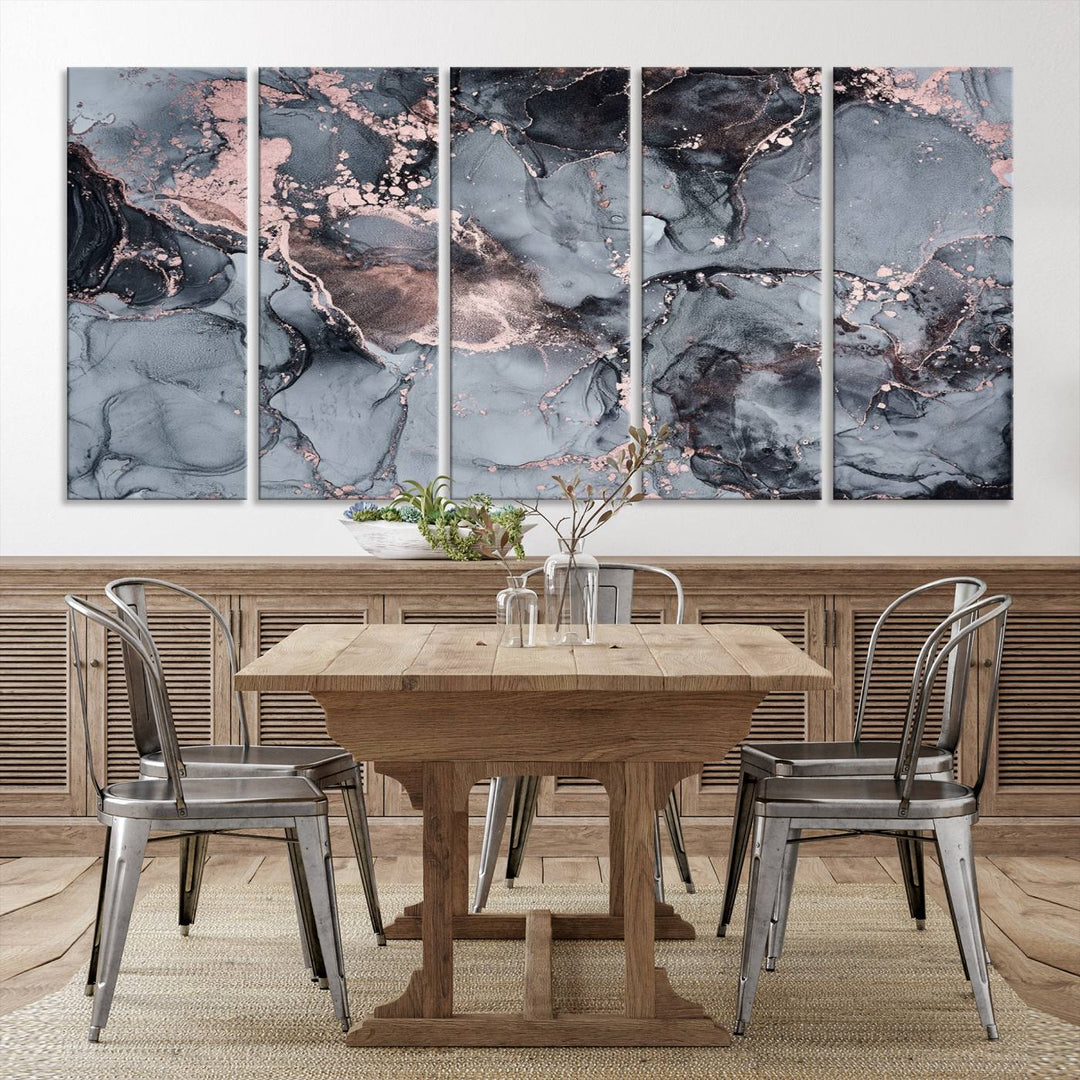 Gray and Rose Gold Marble Fluid Effect Wall Art Abstract Canvas Wall Art Print