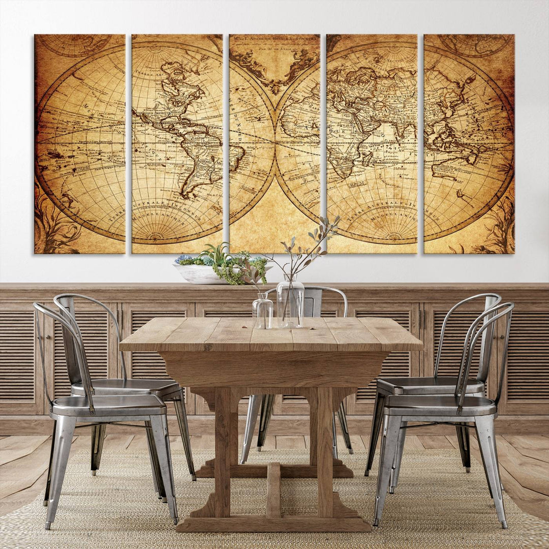 Vintage World Map Wall Art | 3-Panel Canvas Print for Living Room, Office, or Study | Giclee Canvas with Antique Design