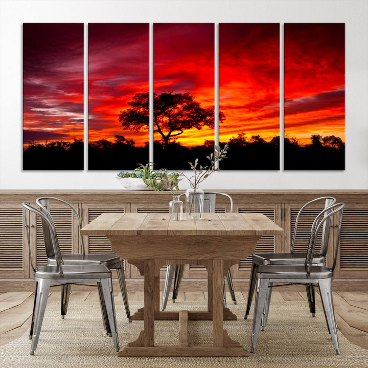 Red Sunset Landscape Artwork Printing, Forest Tree Wall Art Canvas Print