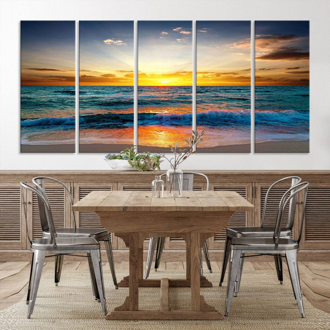 Vibrant Ocean Sunrise Over Golden Beach Waves, Giclee Canvas Wall Art Set, High-Quality Stretched Canvas Print, Ready to Hang Coastal Sunset Wall