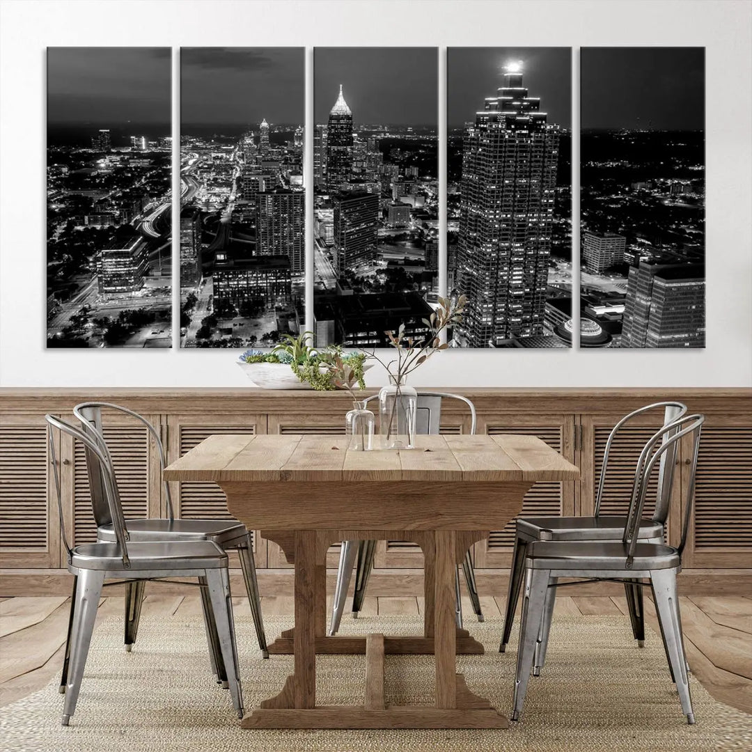 The Atlanta City Lights Skyline Black and White Wall Art Cityscape Canvas Print is elegantly displayed on the wall. These museum-quality canvases arrive ready to hang, making your art display both effortless and sophisticated.