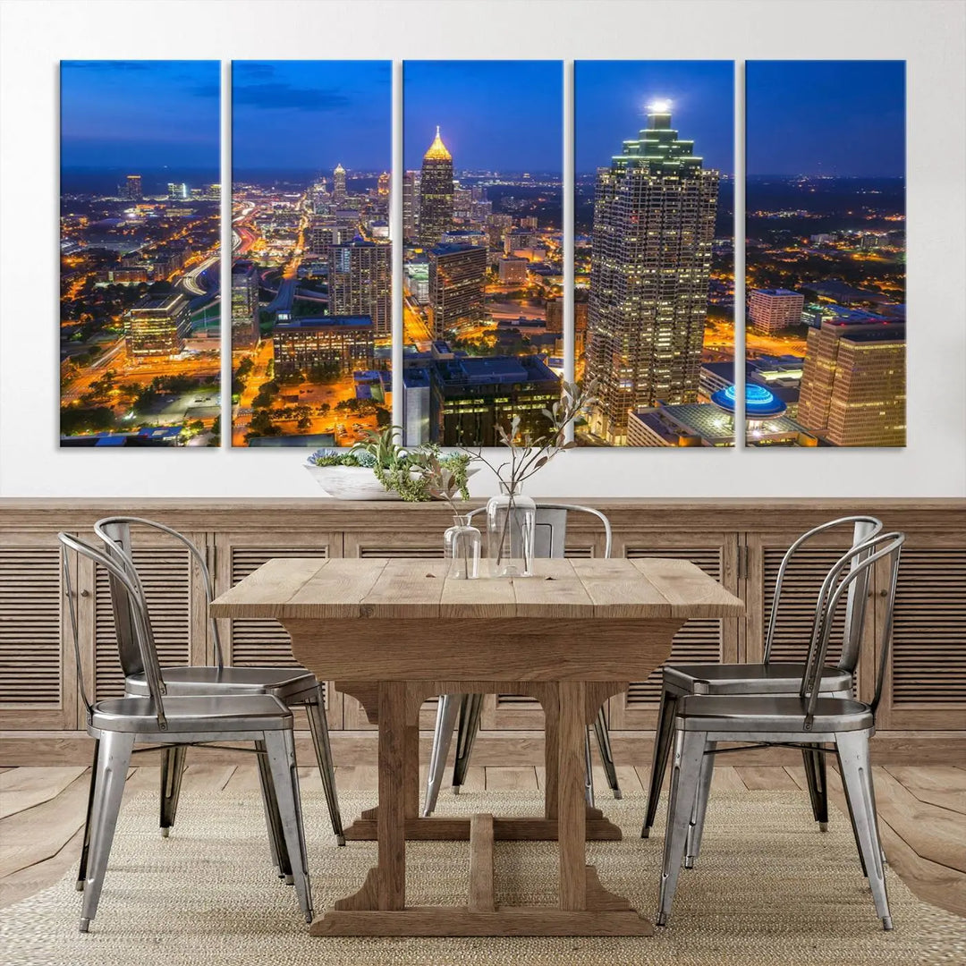 An elegant Atlanta City Blue Skyline Cityscape View Wall Art Canvas Print graces the wall, offering a sophisticated addition to your living space. Enjoy free shipping on this stylish piece.