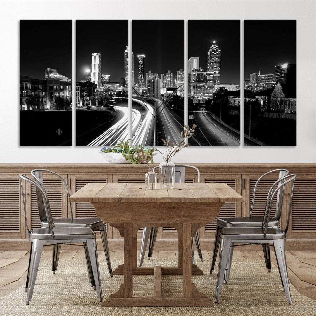 Atlanta City Lights Skyline Art mural noir et blanc Paysage urbain Impression sur toile