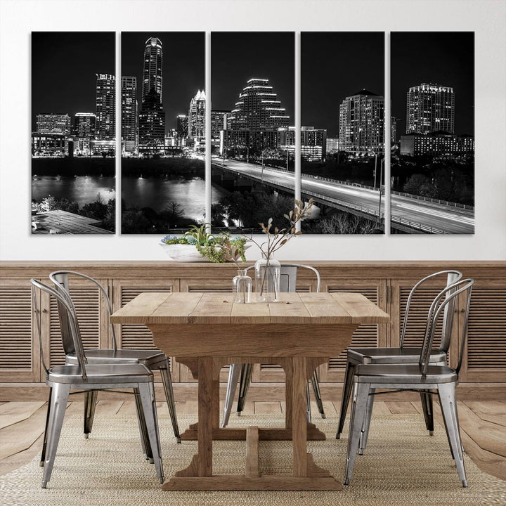 Austin City Lights Skyline Black and White Wall Art Canvas Print