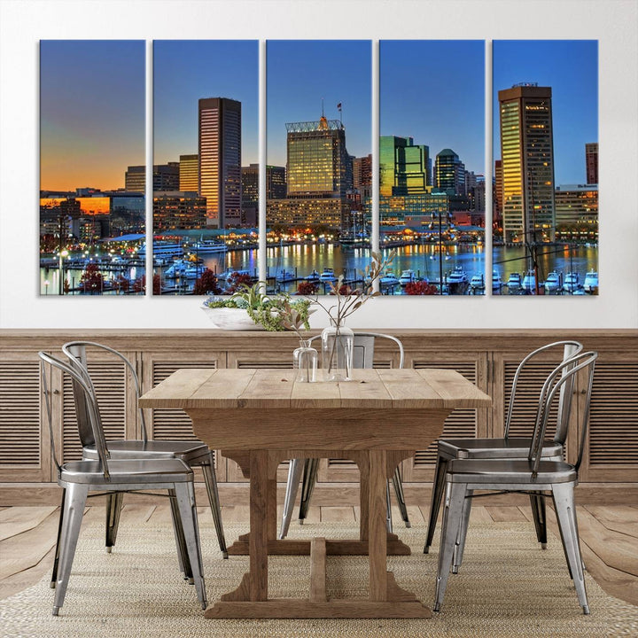 Baltimore City Lights Coucher de soleil bleu et orange Skyline Cityscape View Wall Art Impression sur toile