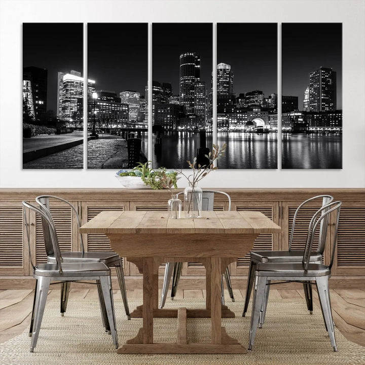 The living room showcases the Boston City Lights Skyline Black and White Wall Art Canvas Print.