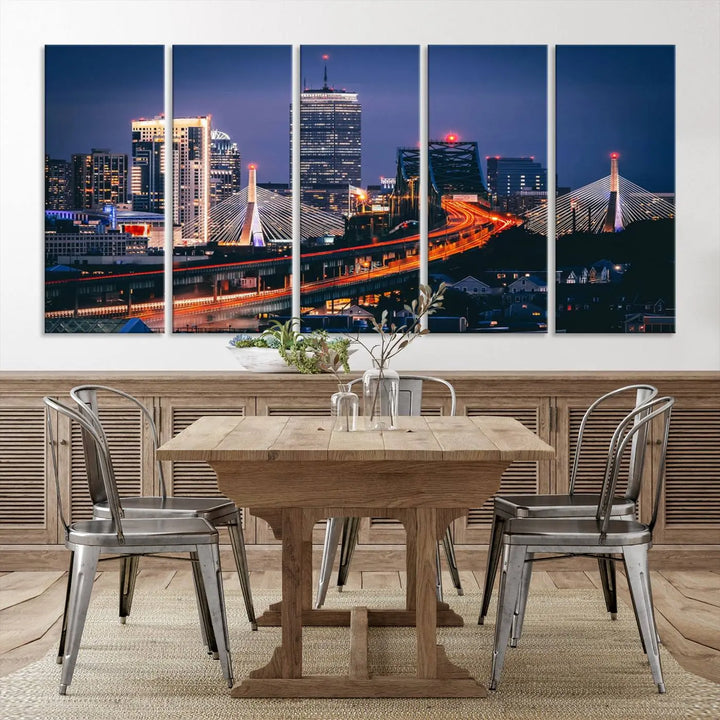 The "Boston City Lights Night Skyline Cityscape View" artwork on the wall showcases a brightly lit bridge at night. It is displayed on museum-quality canvas with a UV-protective coating.