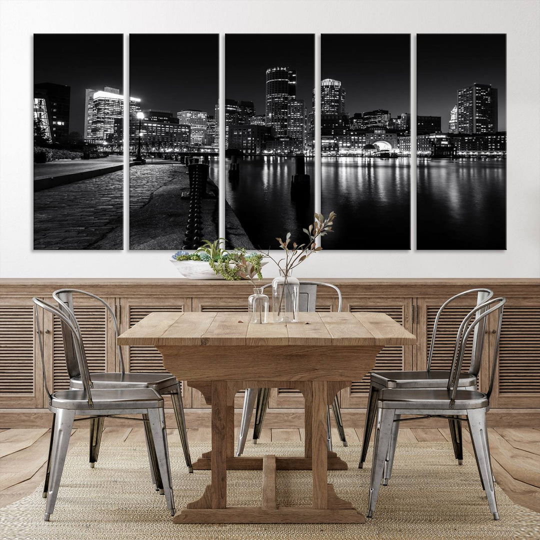 The Boston Lights Skyline Black and White Wall Art Cityscape Canvas Print, crafted with museum-quality canvas and UV-protective coating, serves as a striking triptych centerpiece in the living room.