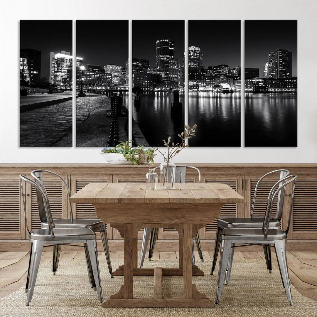 The Boston City Lights Skyline Black and White Wall Art Cityscape Canvas Print portrays a triptych of the city skyline at night reflecting on a calm river. This museum-quality canvas features UV-protective finishes to preserve its timeless allure.