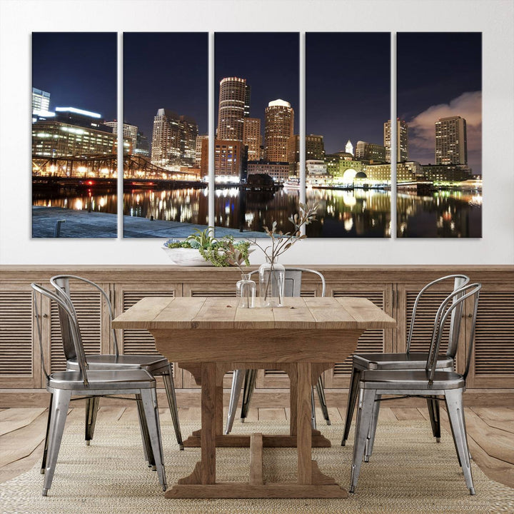 The Boston City Lights Skyline Cityscape View Wall Art Canvas Print showcases a nighttime cityscape on museum-quality canvas.