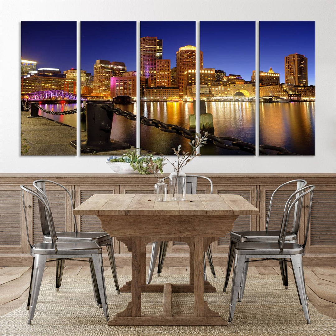 The "Boston City Night Skyline Cityscape View Wall Art Canvas Print" beautifully portrays a stunning triptych of a city skyline illuminated against the night sky, elegantly reflected in the river below. These museum-quality canvases are gallery wrapped to ensure an elegant presentation that enhances any space.