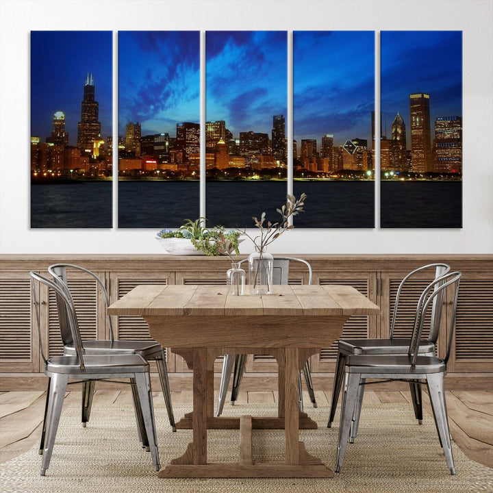 The "Chicago City Lights Night Blue Wall Art Canvas Print," a triptych of a city skyline at dusk rendered on museum-quality canvas with UV-protective coating, is featured in the living room.