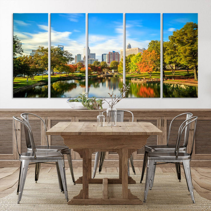 The Charlotte City Park at Spring Skyline Cityscape View wall art canvas print is a triptych featuring a scenic park with a lake and city skyline. It is gallery-wrapped on museum-quality canvases.