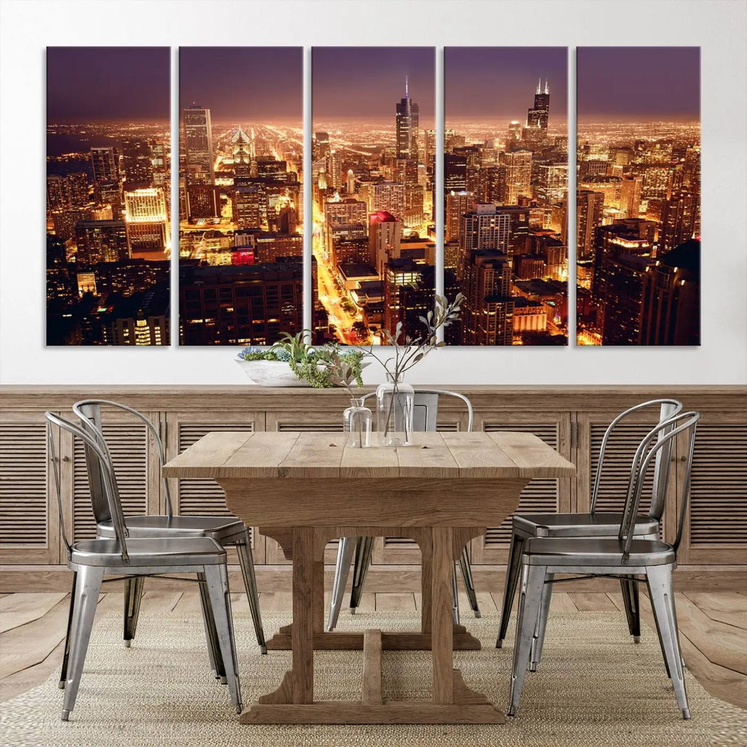 A large artwork showcasing the Chicago Night Skyline cityscape is elegantly displayed on a gallery-wrapped, museum-quality canvas.