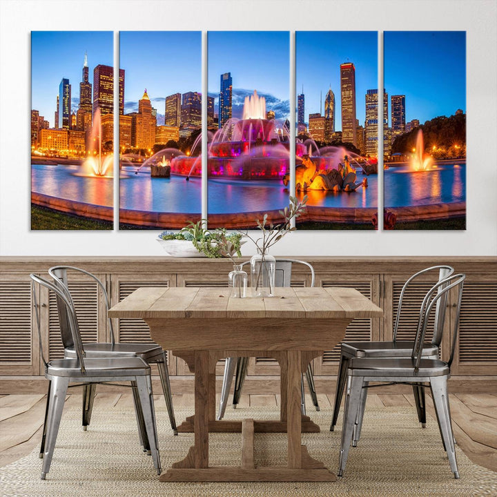 Chicago City Colorful Lights Night Skyline Cityscape View Wall Art Canvas Print