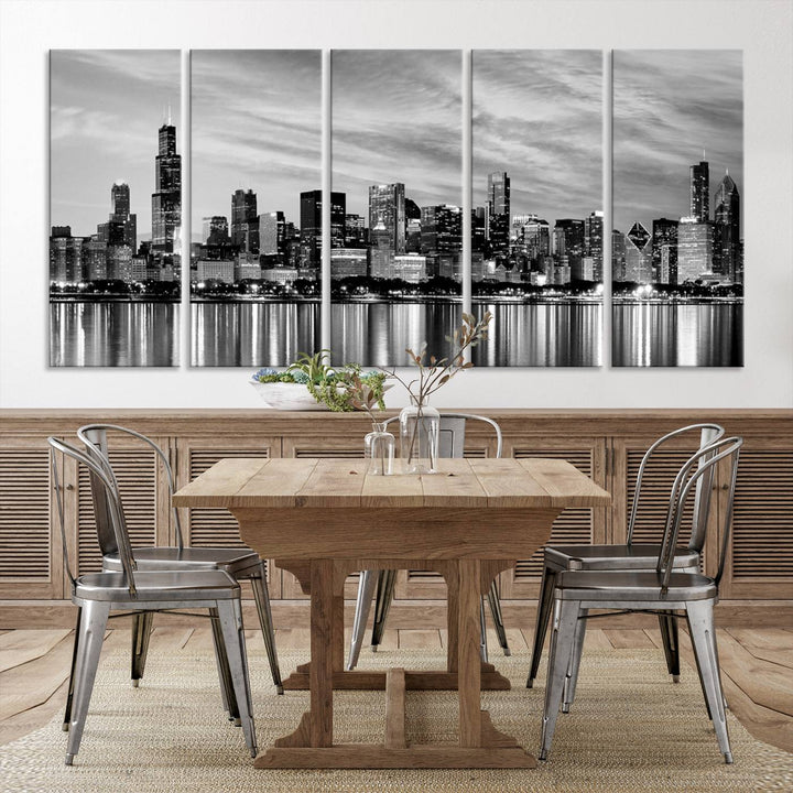 Chicago City Cloudy Skyline Art mural noir et blanc Paysage urbain Impression sur toile