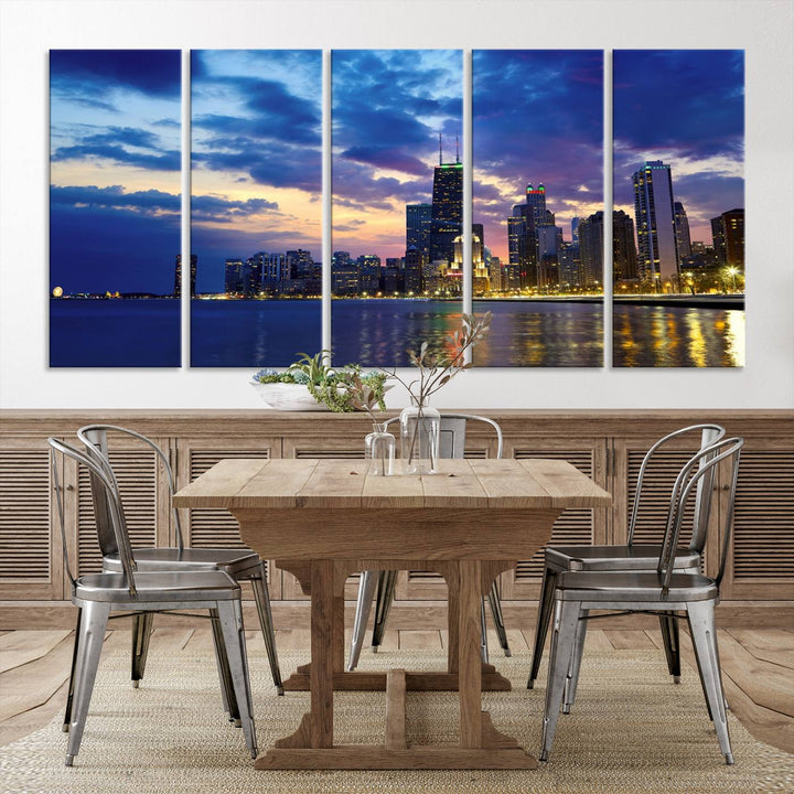 Chicago City Lights Nuit Nuageux Bleu Skyline Cityscape View Wall Art Impression sur toile