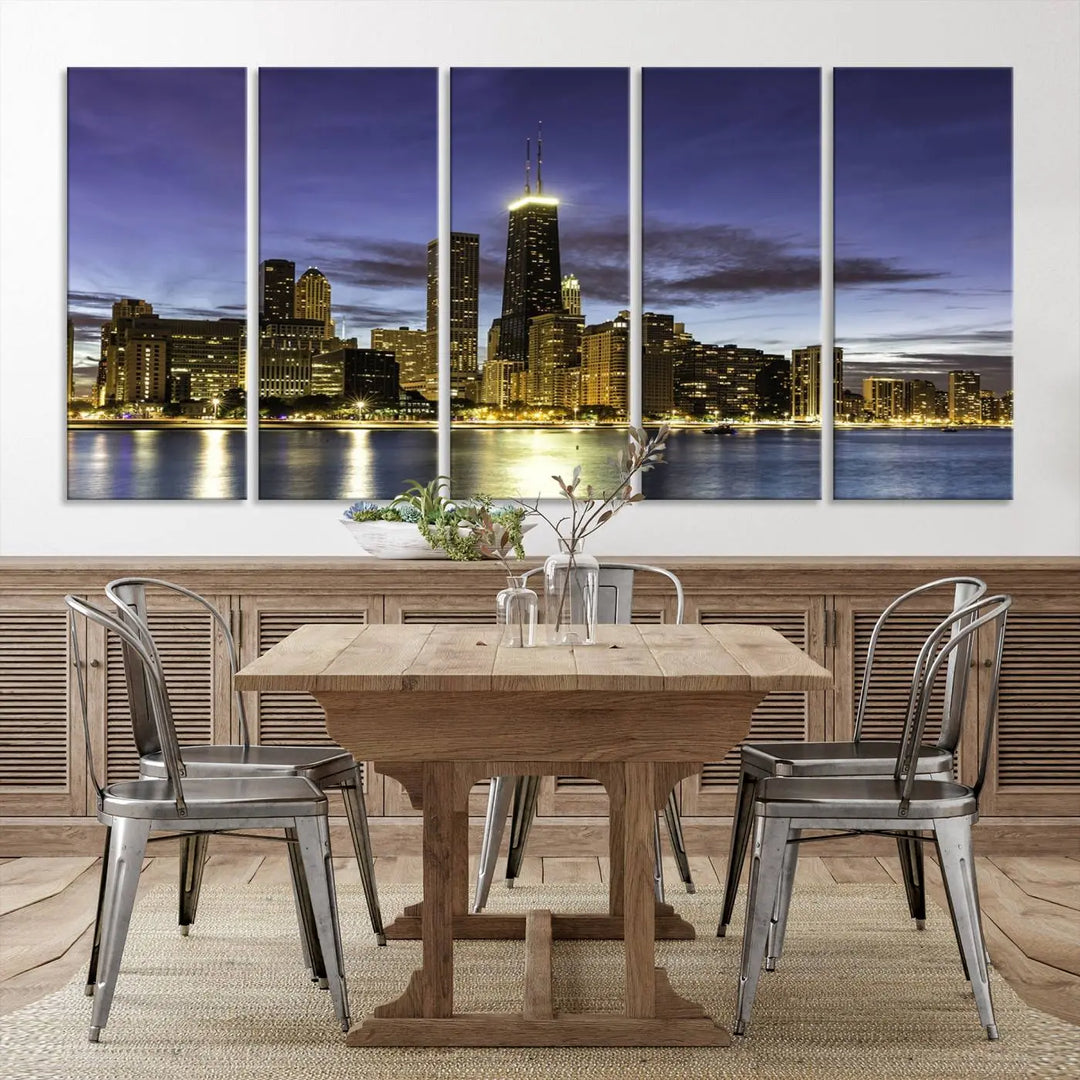 Chicago Night Skyline Cityscape Canvas Picture Print is a stunning three-panel wall art piece, perfect for adding sophistication to any setting. Crafted by professional artisans, this artwork features museum-quality canvases designed to enhance your space. Enjoy free shipping with your purchase.