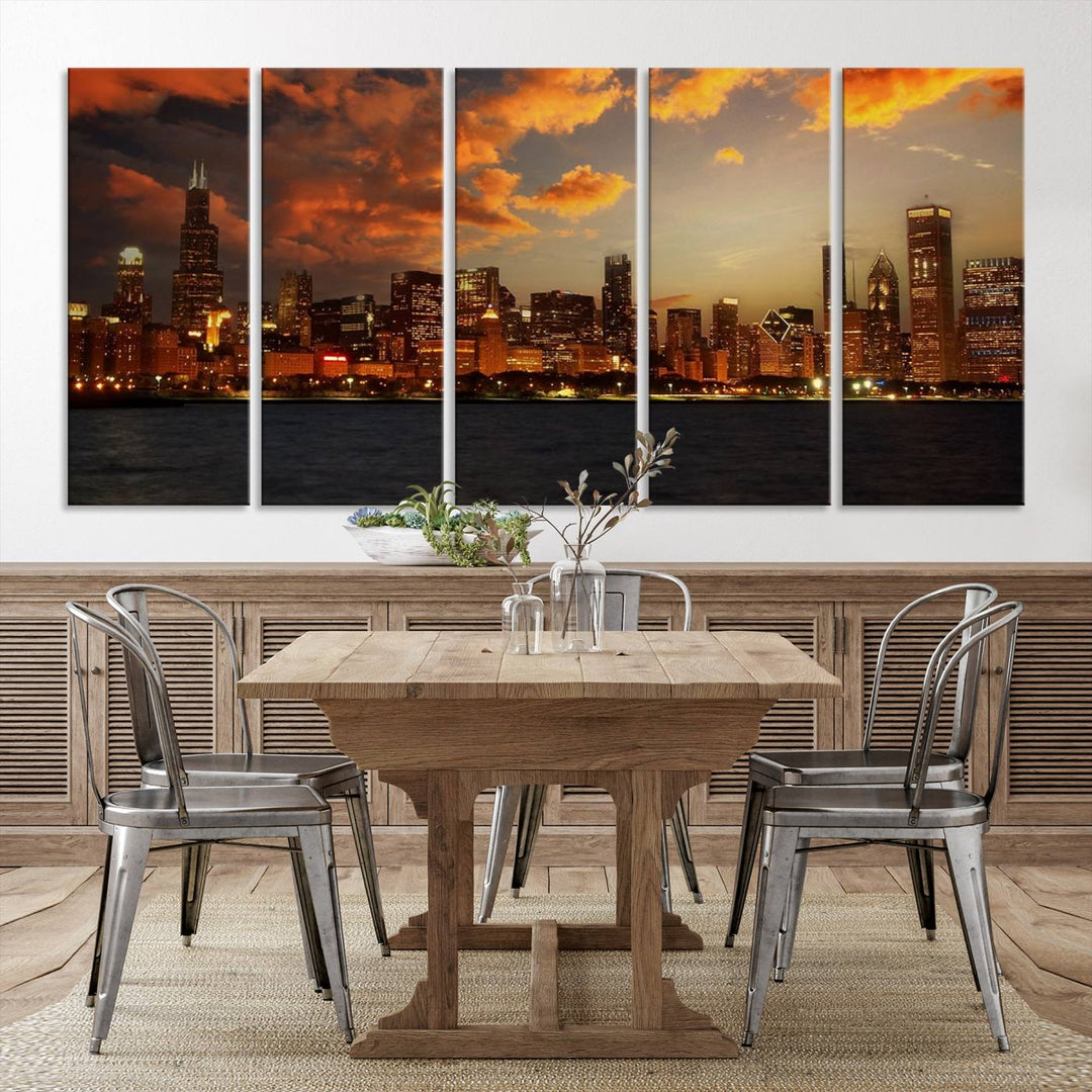 Chicago City Lights Sunset Orange Cloudy Skyline Cityscape View Wall Art Canvas Print