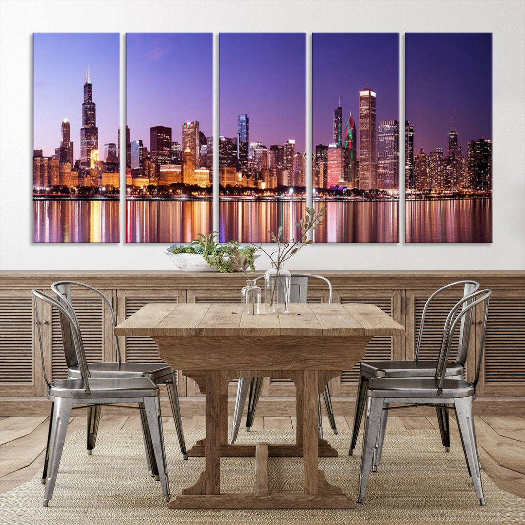 Chicago City Lights Night Purple Skyline Cityscape View Wall Art Impression sur toile