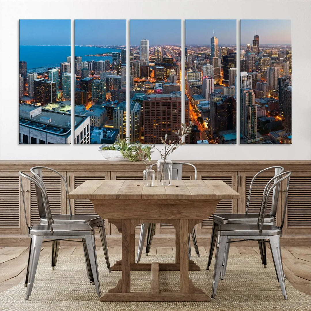 Product Name: Chicago Night Skyline Wall Art City Cityscape

Artwork Description: This artwork is a triptych depicting the Chicago city skyline at night. Created on museum-quality canvas with a UV-protective coating, it comes ready to hang and seamlessly enhances any space.