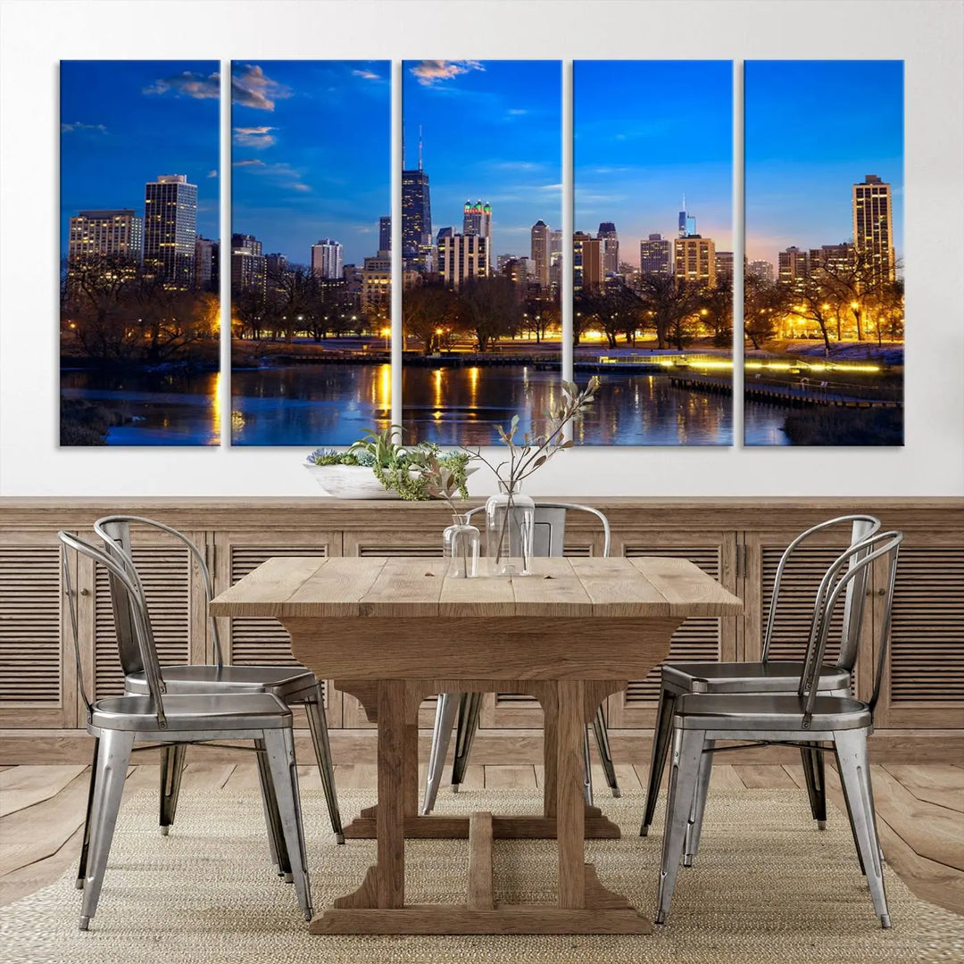 A triptych photo titled "Chicago City Lights Night Blue Skyline Cityscape View Wall Art Canvas Print" is elegantly displayed on gallery-wrapped, museum-quality canvases.