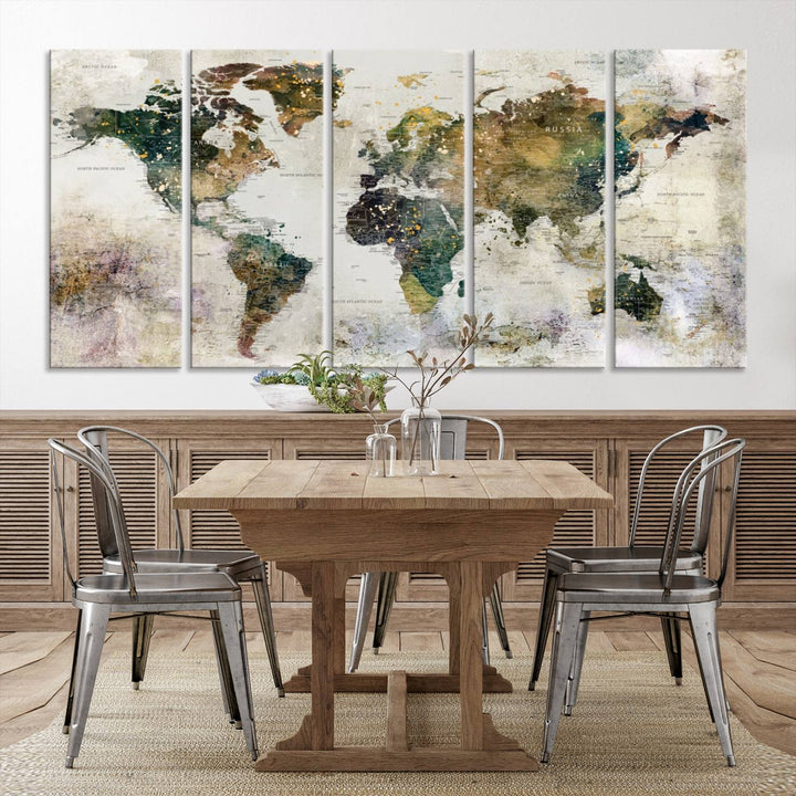 World Map Wall Art Print Map on Canvas Gallery Wall Set of 3 Panels Gift Traveler Map