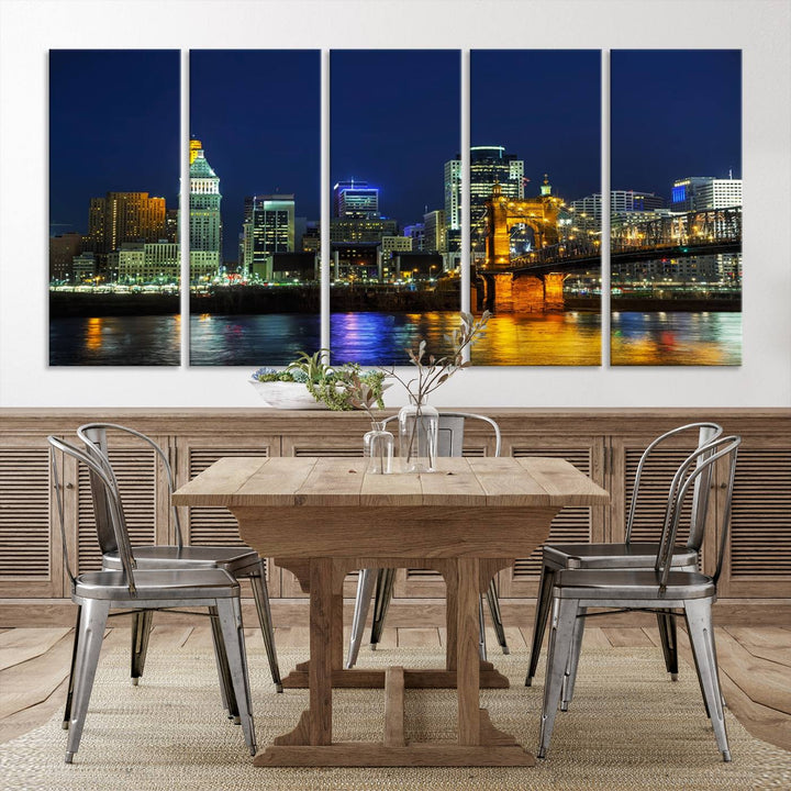 The "Cincinnati City Lights Night Skyline Cityscape" canvas print, displayed above a sofa, exhibits museum-quality craftsmanship with a UV-protective coating.