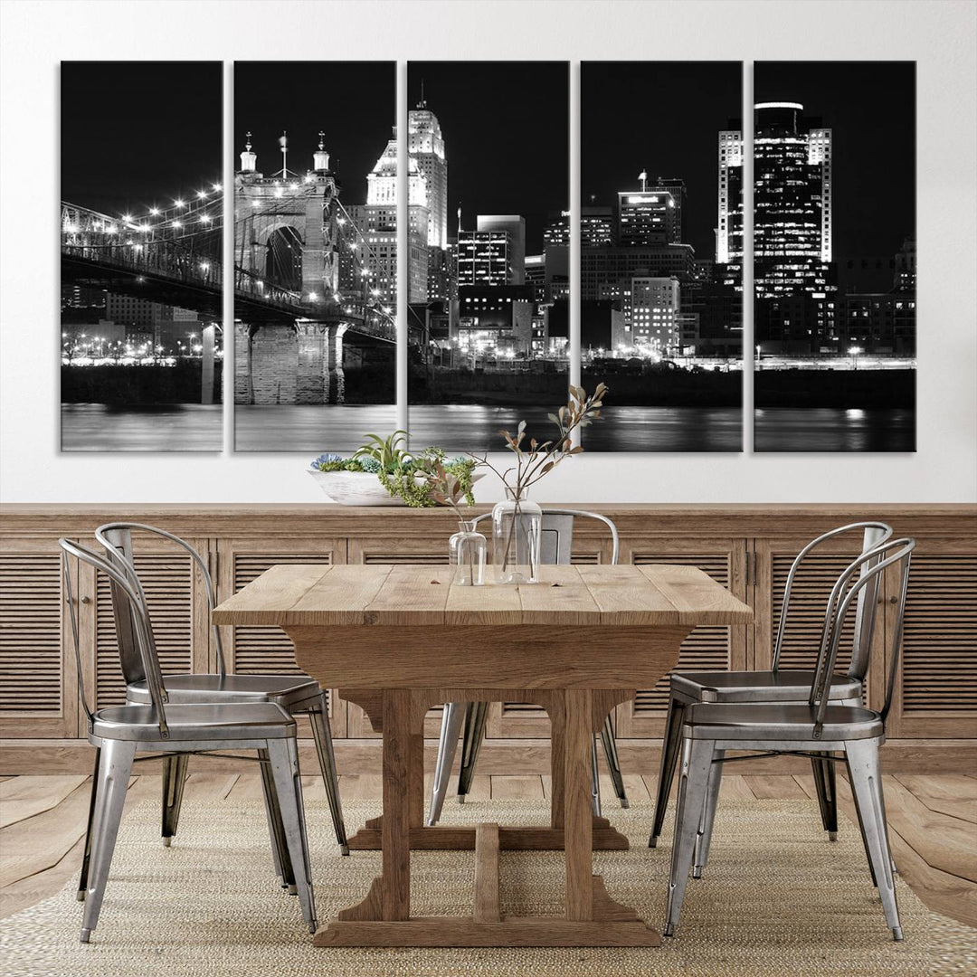 The Cincinnati City Skyline Black and White Wall Art Cityscape Canvas Print is prominently displayed.