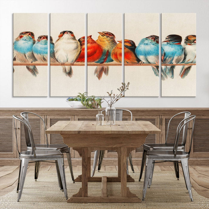 The Abstract Birds Wall Art Canvas Print, featuring a triptych of colorful birds perched on a branch, is printed on museum-quality canvas and equipped with a UV-protective coating and ready-to-hang design. This artwork adds vibrant elegance to your living space.