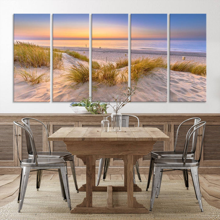 The "Sunset Silence on the Beach" wall art canvas print features a serene beach scene at sunset on museum-quality canvas with a UV-protective coating.