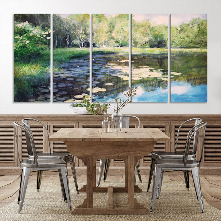 The "Forest Pond River Lake Wall Art Canvas Print" showcases a serene lakeside landscape with trees and water lilies. Crafted on museum-quality canvases and enhanced with UV-protective coating, this piece serves as an elegant addition to any space.