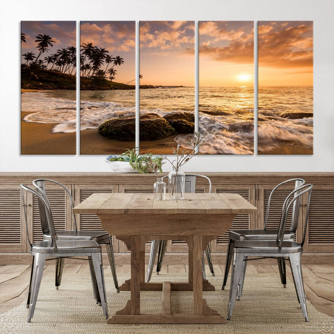 The "Tropical Island Sunset Sunrise Wall Art Canvas Print" is a stunning triptych that showcases a tranquil beach sunset complete with waves and palm trees. Each canvas piece is meticulously hand-assembled and framed using museum-quality polycotton with a UV-protective coating to ensure enduring beauty.