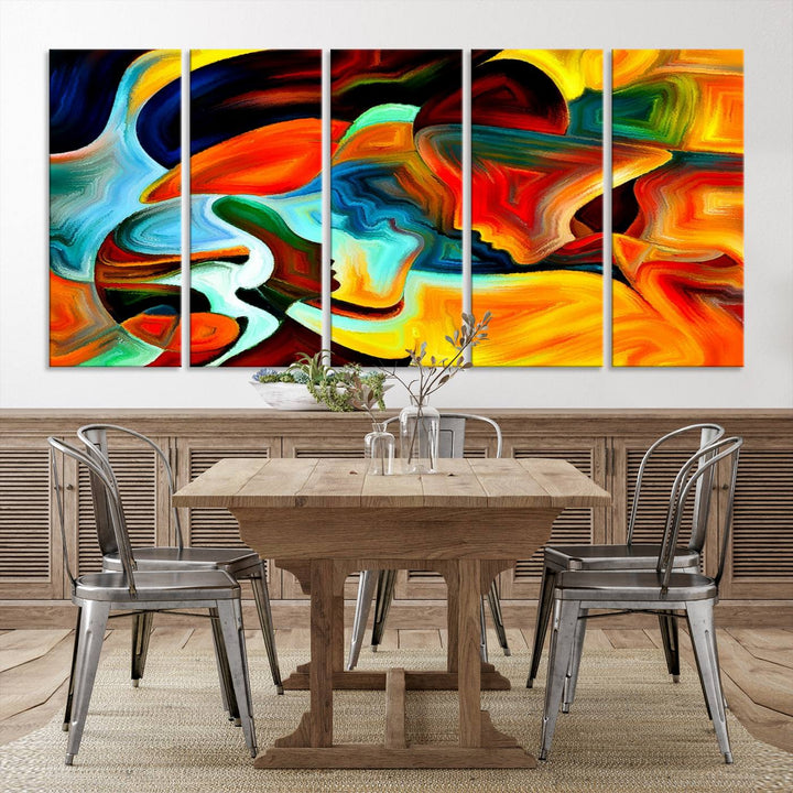 The "Human Love Figures Abstract Wall Art Canvas Print" adds a stylish touch to the dining area, featuring vibrant three-panel artwork on museum-quality canvases with UV-protective coating.