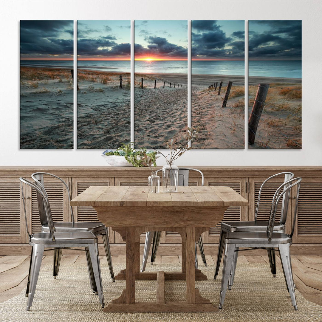 The modern living room features the Cloudy Weather Sunset Beach Wall Art Canvas Print. This museum-quality canvas adds a touch of sophistication with its hand-assembled framed art, ensuring lasting elegance. Enjoy free shipping on this exquisite piece.