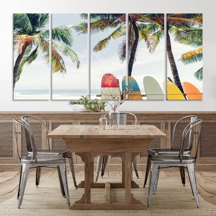 The room showcases The Palm and Surfing Board Wall Art Canvas Print, a triptych of palm trees and surfboards by the beach, elegantly gallery wrapped for a sophisticated finish.