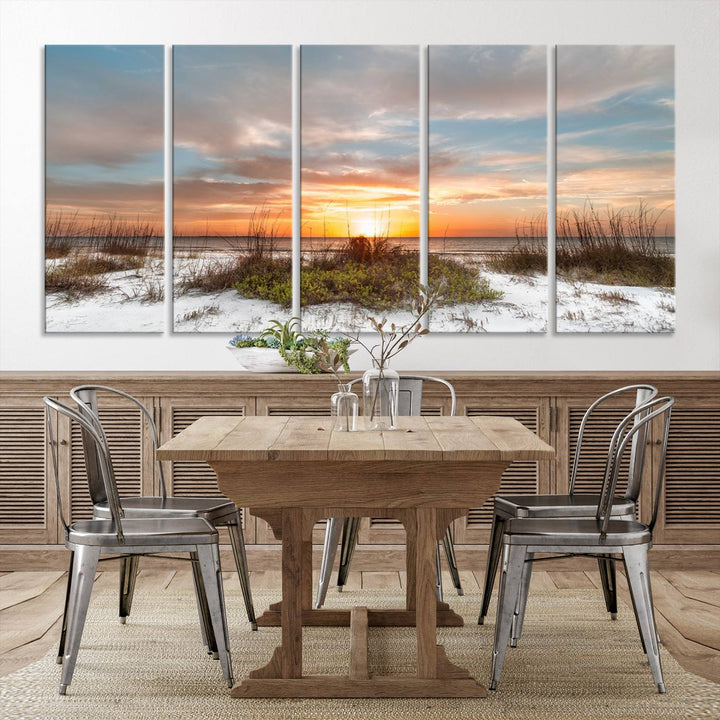 The Beach Ocean Sunset Sand Wall Art Canvas Print is expertly crafted on museum-quality canvases with a UV-protective coating.