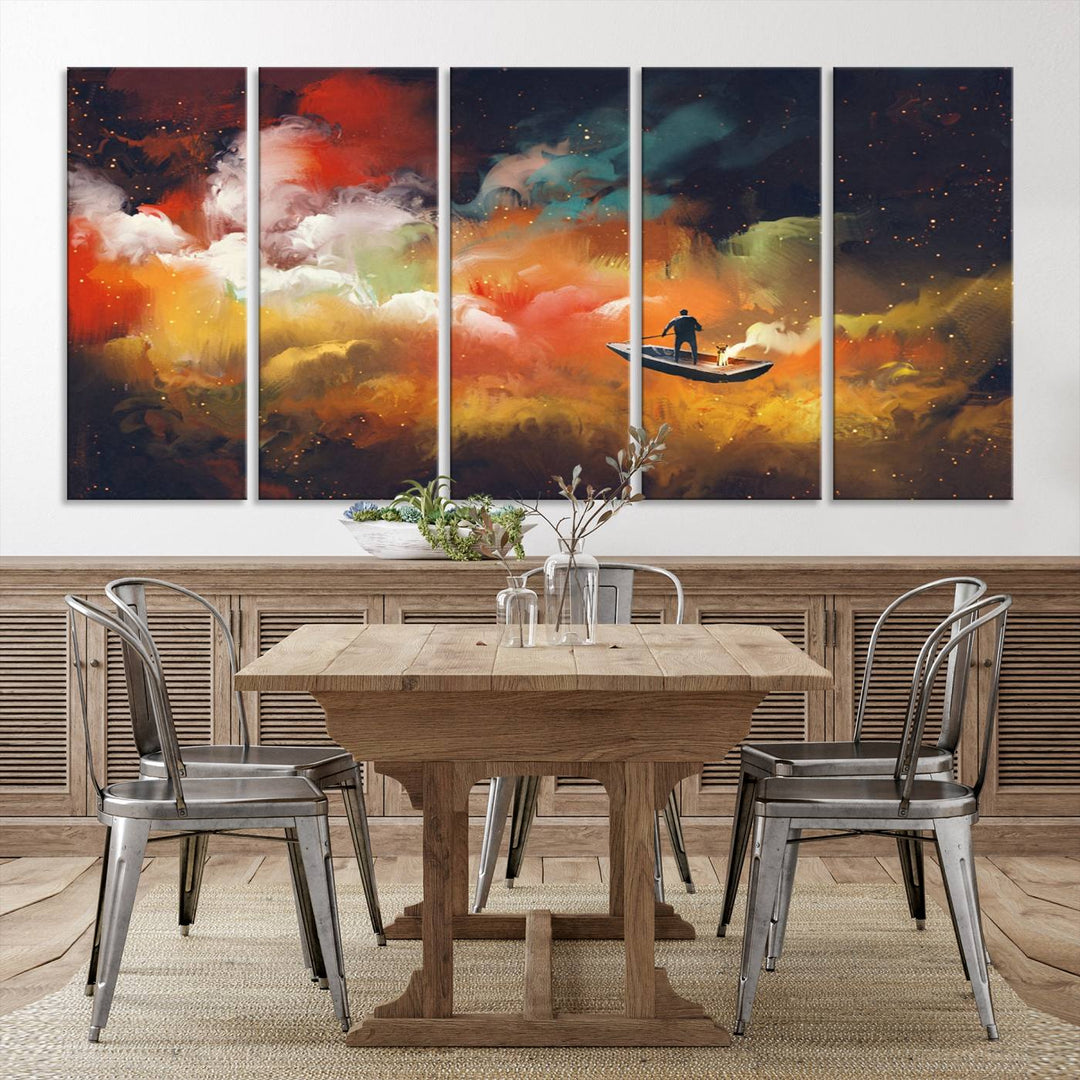 The "Surreal Space Adventure Canvas Wall Art" is a dreamlike abstract galaxy print with an astronaut among clouds, inviting you on a space adventure. This stunning piece comes framed and ready to hang, making it perfect for enhancing living room or bedroom decor.