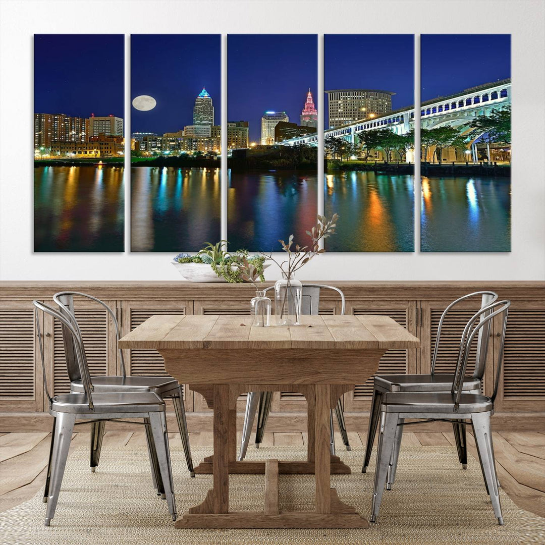 Cleveland City Lights Night Skyline, a stunning triptych wall art cityscape canvas print with museum-quality UV-protective coating, is beautifully showcased.