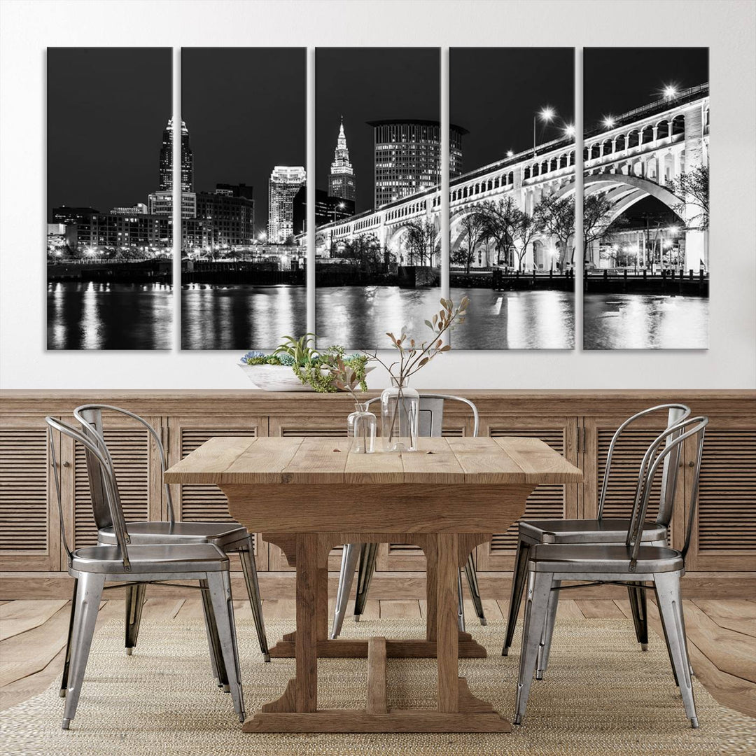 Enhance your space with the Cleveland Night Skyline Wall Art City Cityscape Canvas Print, a museum-quality black and white triptych. This ready-to-hang masterpiece is designed to elevate any room's aesthetic.