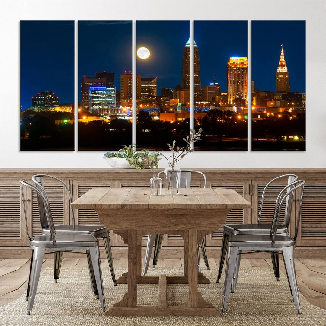 The "Cleveland Night Skyline Wall Art City Cityscape Canvas Print" adds elegance to the room with its depiction of a city skyline and full moon on museum-quality canvas. The artwork is enhanced by a UV-protective coating to ensure lasting brilliance.