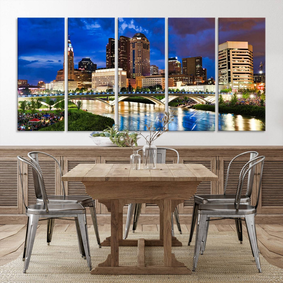 The Columbus City Lights Night Bright Blue Cloudy Skyline Cityscape View Wall Art Canvas Print, crafted on museum-quality canvas and finished with a UV-protective coating, adorns the wall.