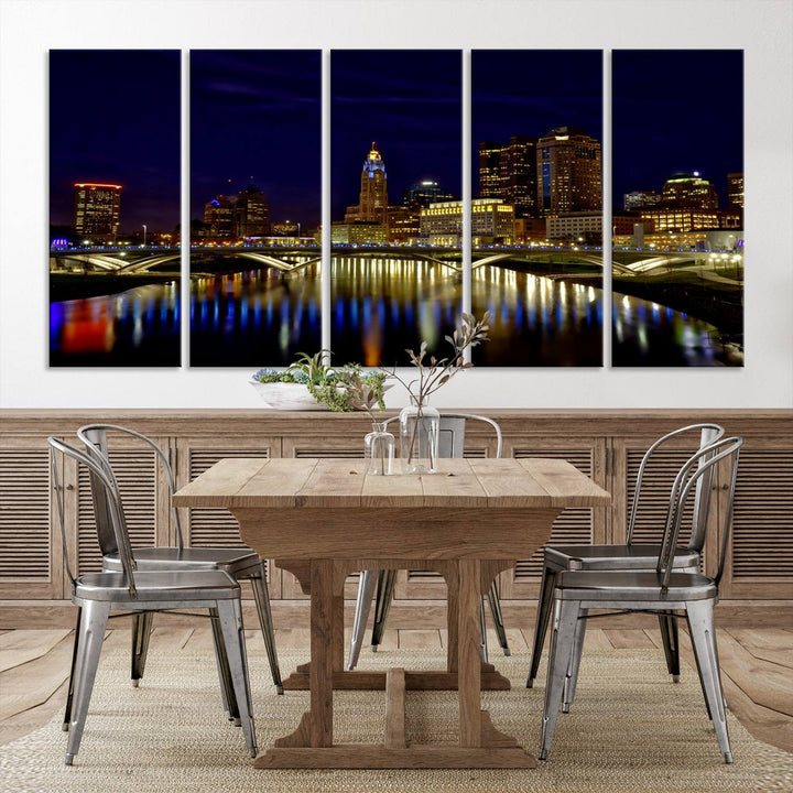 The "Columbus City Lights Night Skyline Cityscape View Wall Art Canvas Print" showcases a stunning city skyline at night, with illuminated buildings and bridges reflecting in the river, on a museum-quality canvas ready to hang.