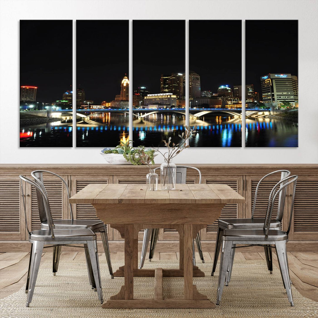 The "Columbus City Lights Night Skyline Cityscape View Wall Art Canvas Print" elegantly decorates the area, presented on museum-quality canvases that feature UV-protective coating to maintain their vibrant appearance.